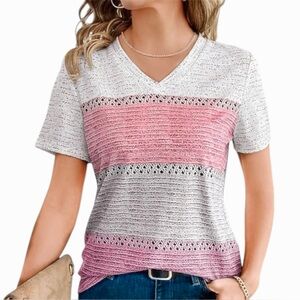 Luyaa Colorblock Striped V-neck Tee Pink White